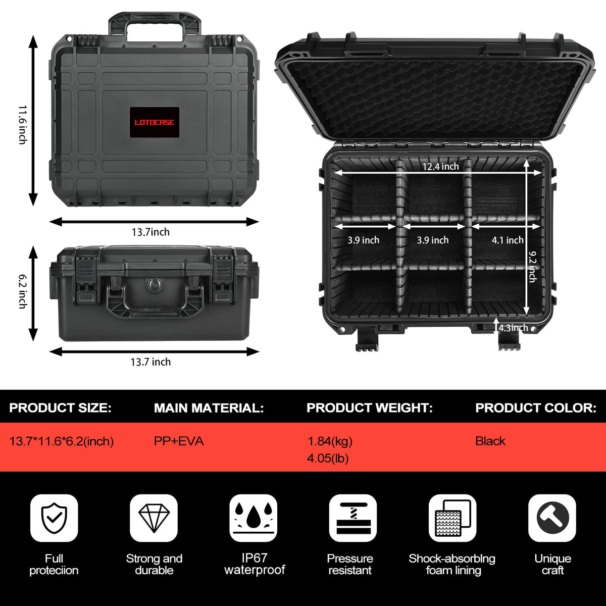 LOTOCASE hard-shell EVA-foam protection reduces impact during handling.