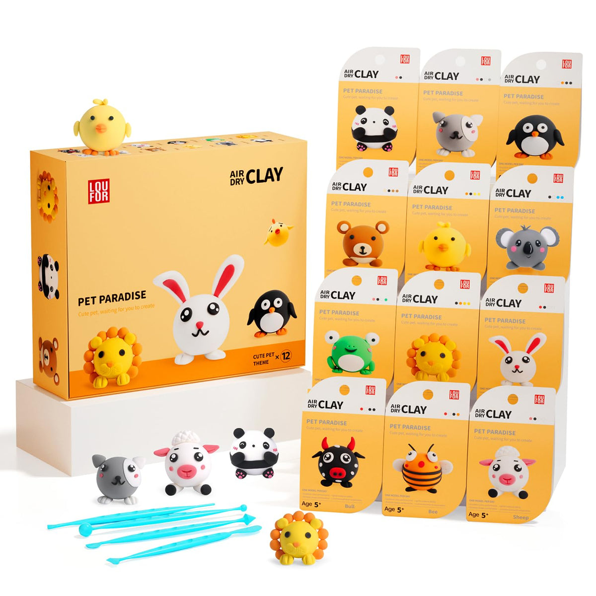 LOUFOR air dry clay kit packaging with 12 boxes for kids' crafts.