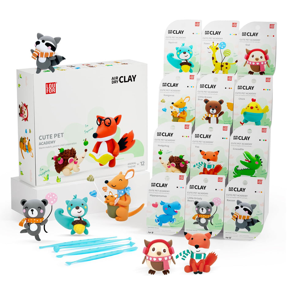 LOUFOR air-dry clay kit with colorful compartments inspires kids' crafts at home.