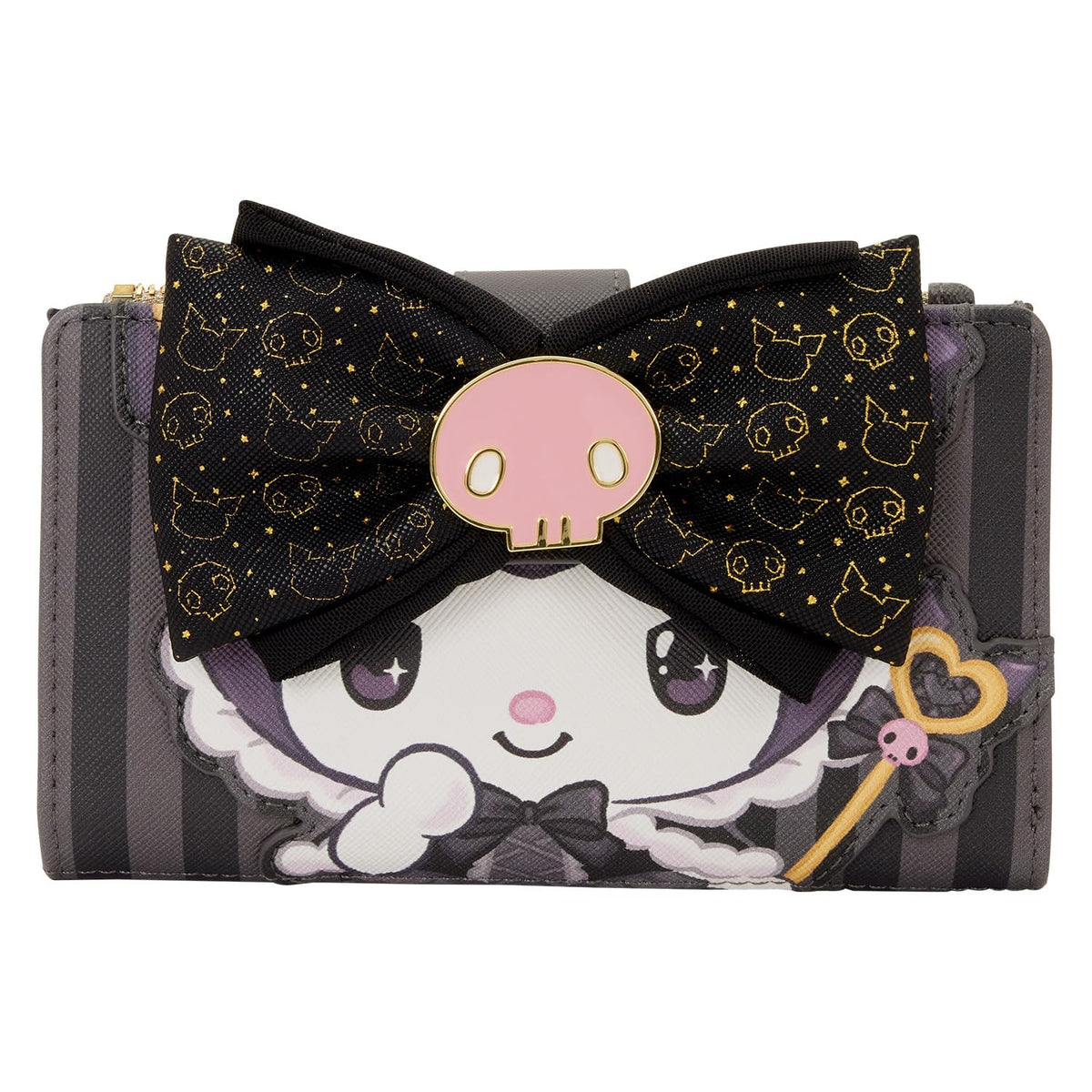 Loungefly Sanrio Kuromi 20th Anniversary wallet front view, compact everyday carry with playful charm.