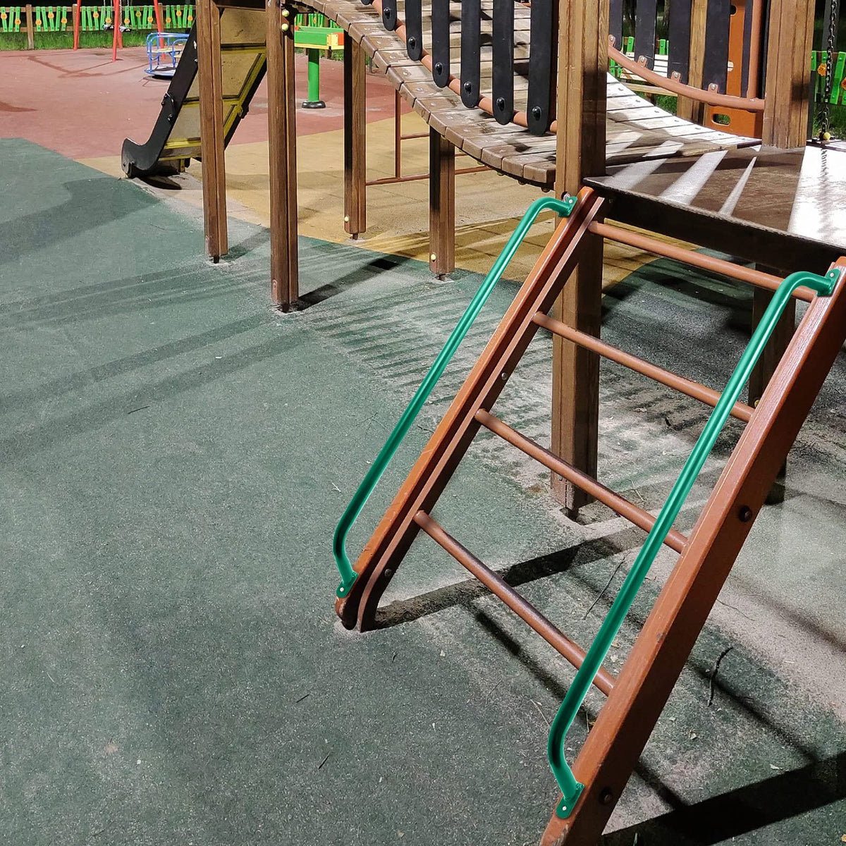Lounsweer safety handle complements swing sets and monkey bars.