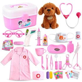 LOUVPY plush dog in a doctor kit for gentle pretend play and comfort.