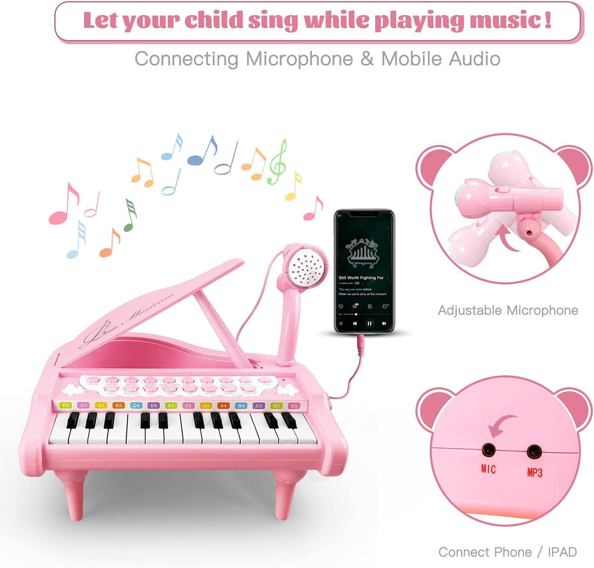 Love&Mini LED lights flash with notes, adding visual feedback during playtime.