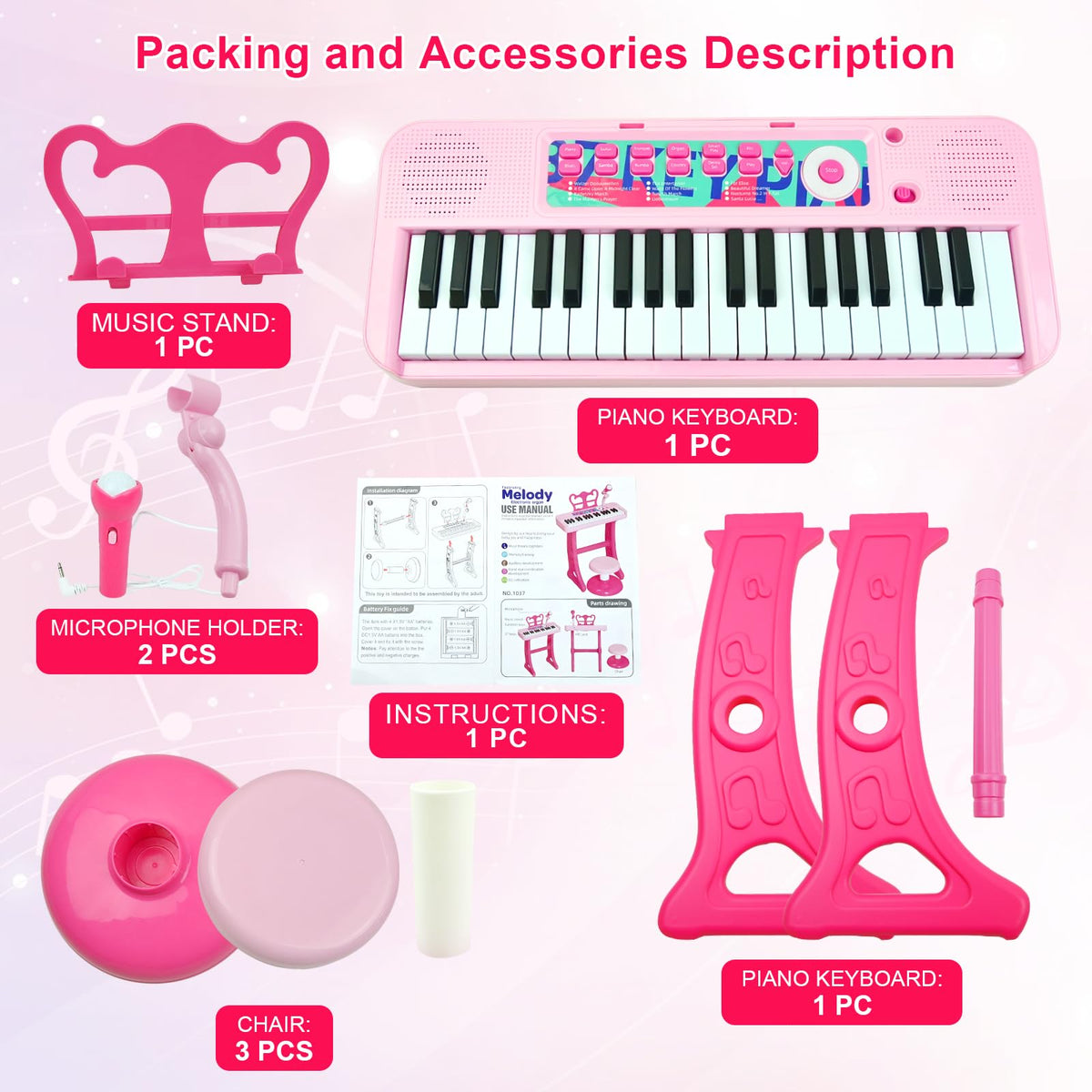 Love&Mini pink keyboard design for girls' play and learning.