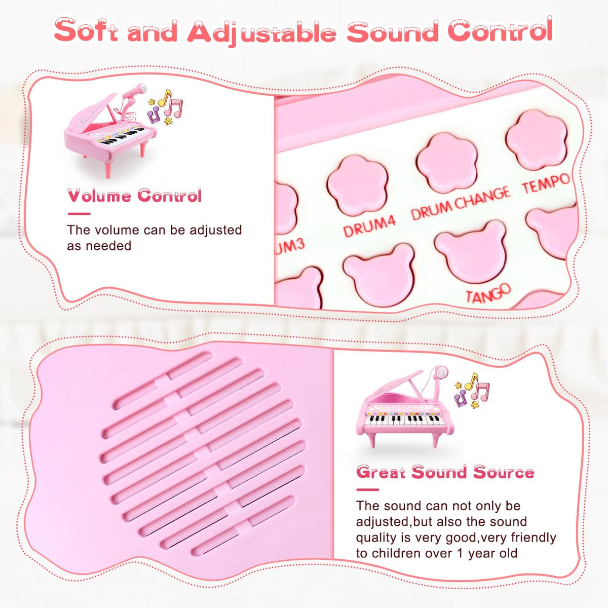 Love&Mini pink piano battery compartment supports convenient on-the-go play.