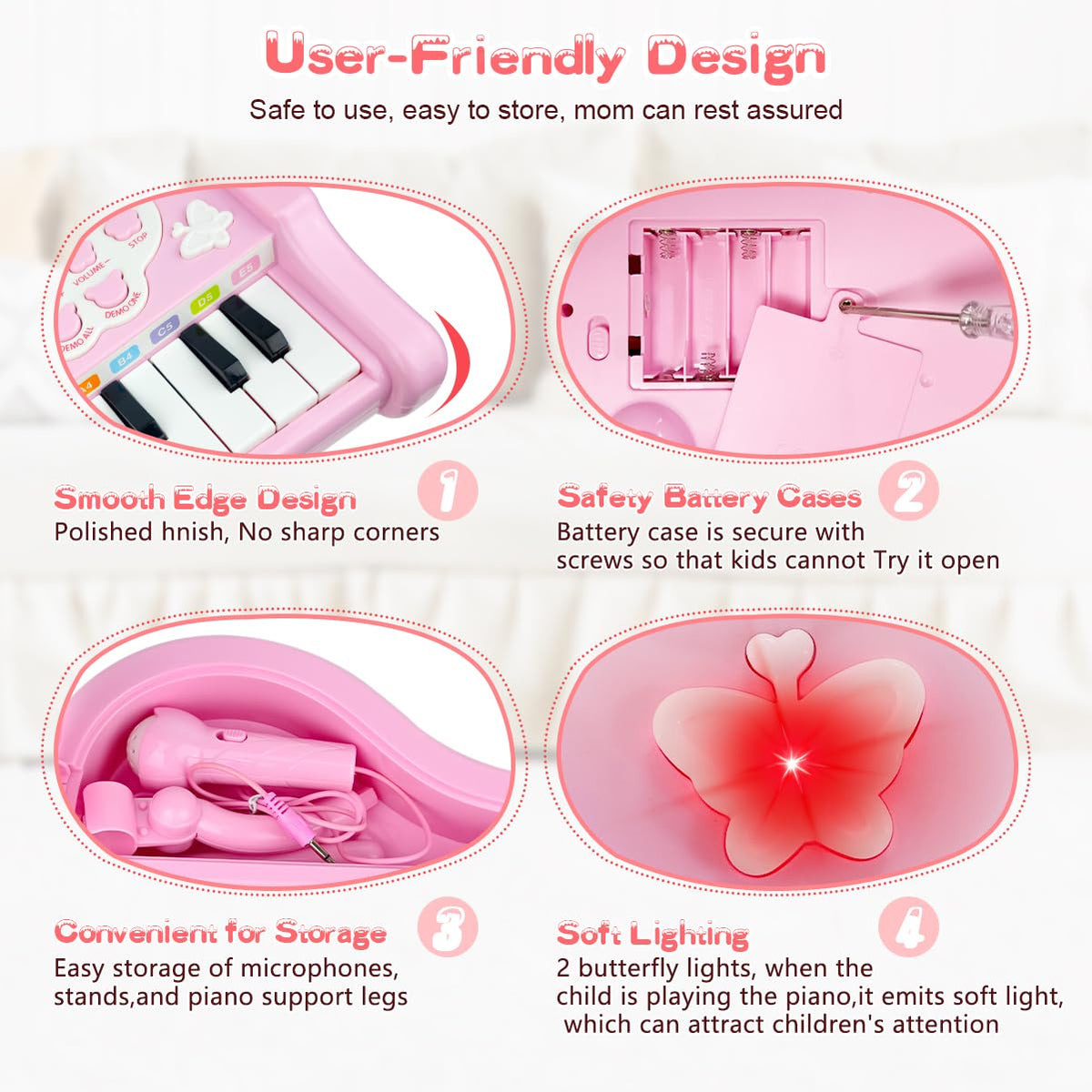 Love&Mini pink piano demo songs provide guided early musical fun.