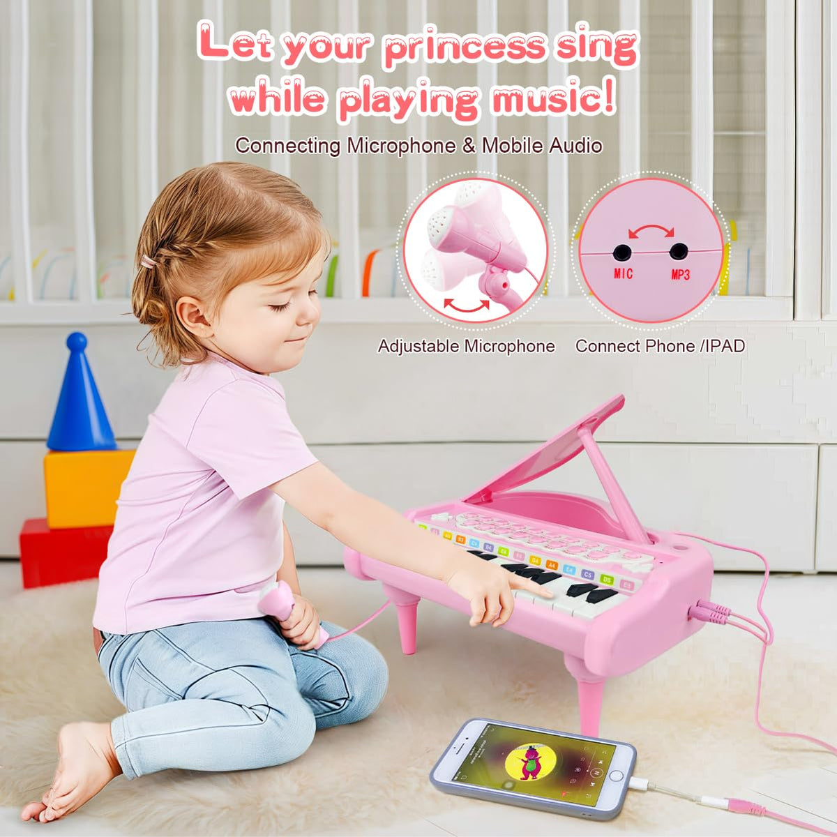 Love&Mini pink piano keyboard closeup shows durable, child-safe ABS construction.