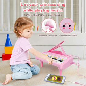 Love&Mini pink piano keyboard closeup shows durable, child-safe ABS construction.