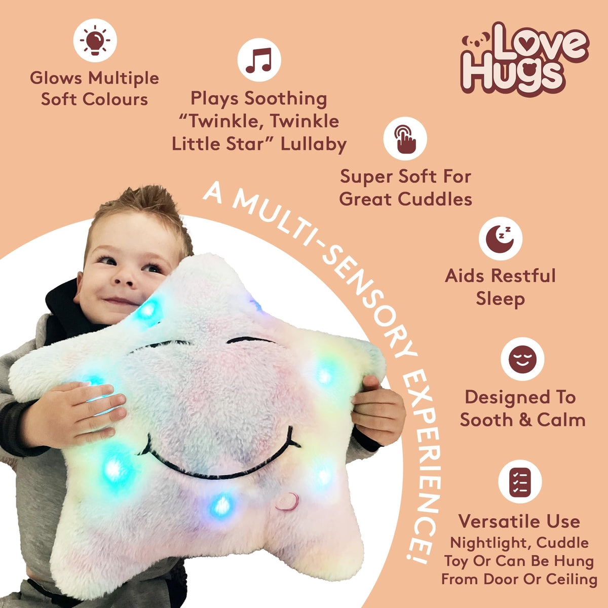 LoveHugs light-up star toy glowing softly for calming ambience.