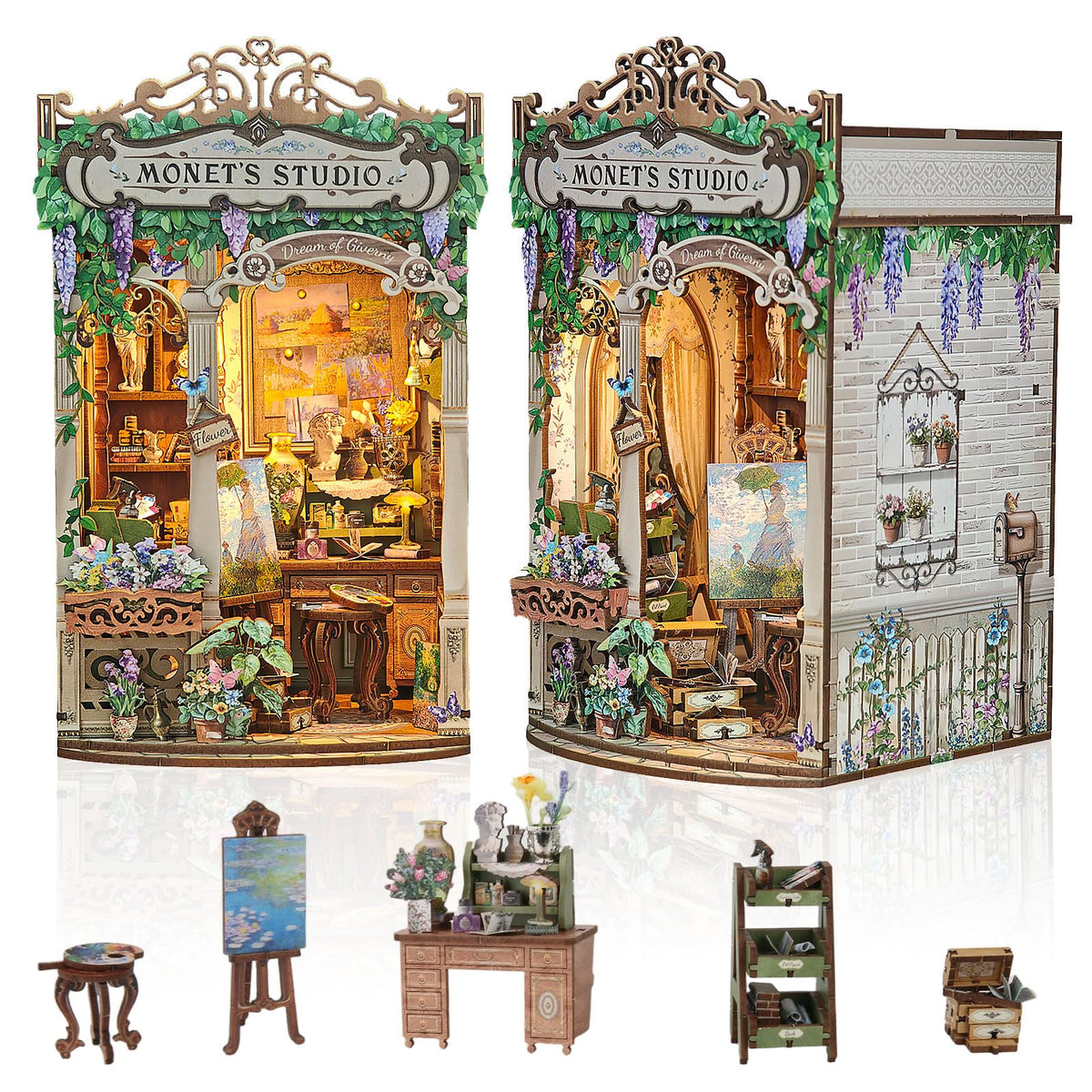 Lovelyhome Monet Studio Book Nook Kit with LED light enhances cozy desk ambiance.