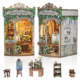 Lovelyhome Monet Studio Book Nook Kit with LED light enhances cozy desk ambiance.