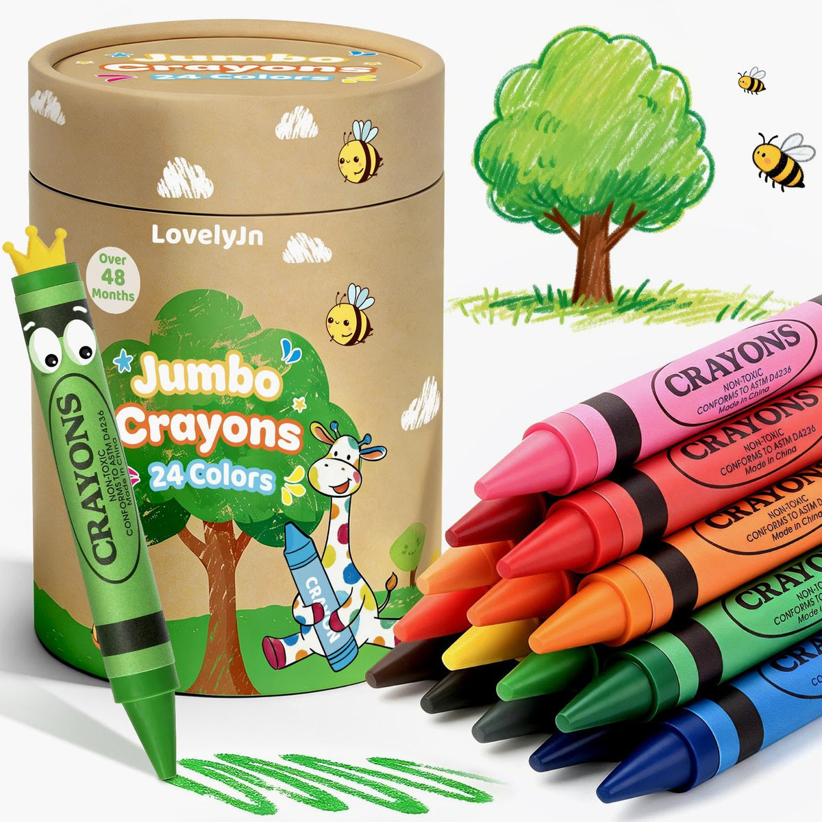 LovelyJn 24 colors jumbo crayons pack offers vibrant hues with easy-grip design for toddlers.