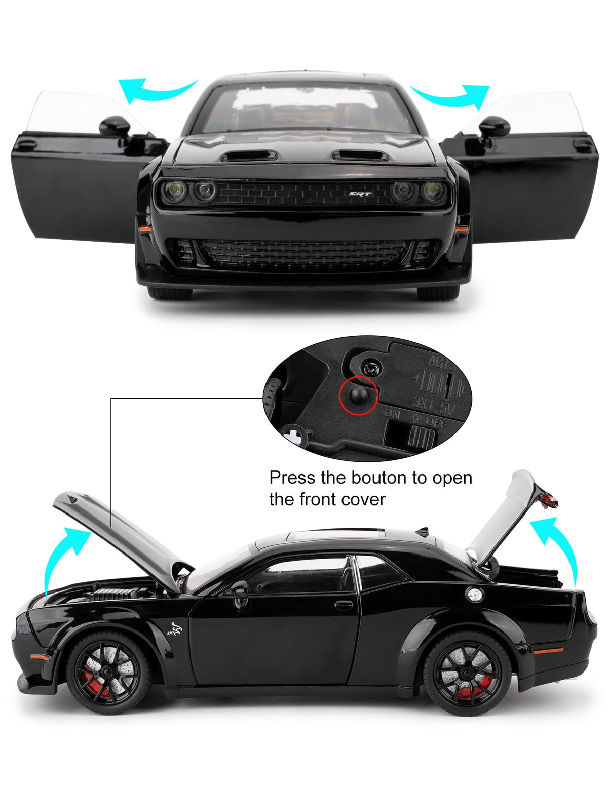 LovePosely Hellcat die-cast open-hood-trunk showcases moving parts and realism.