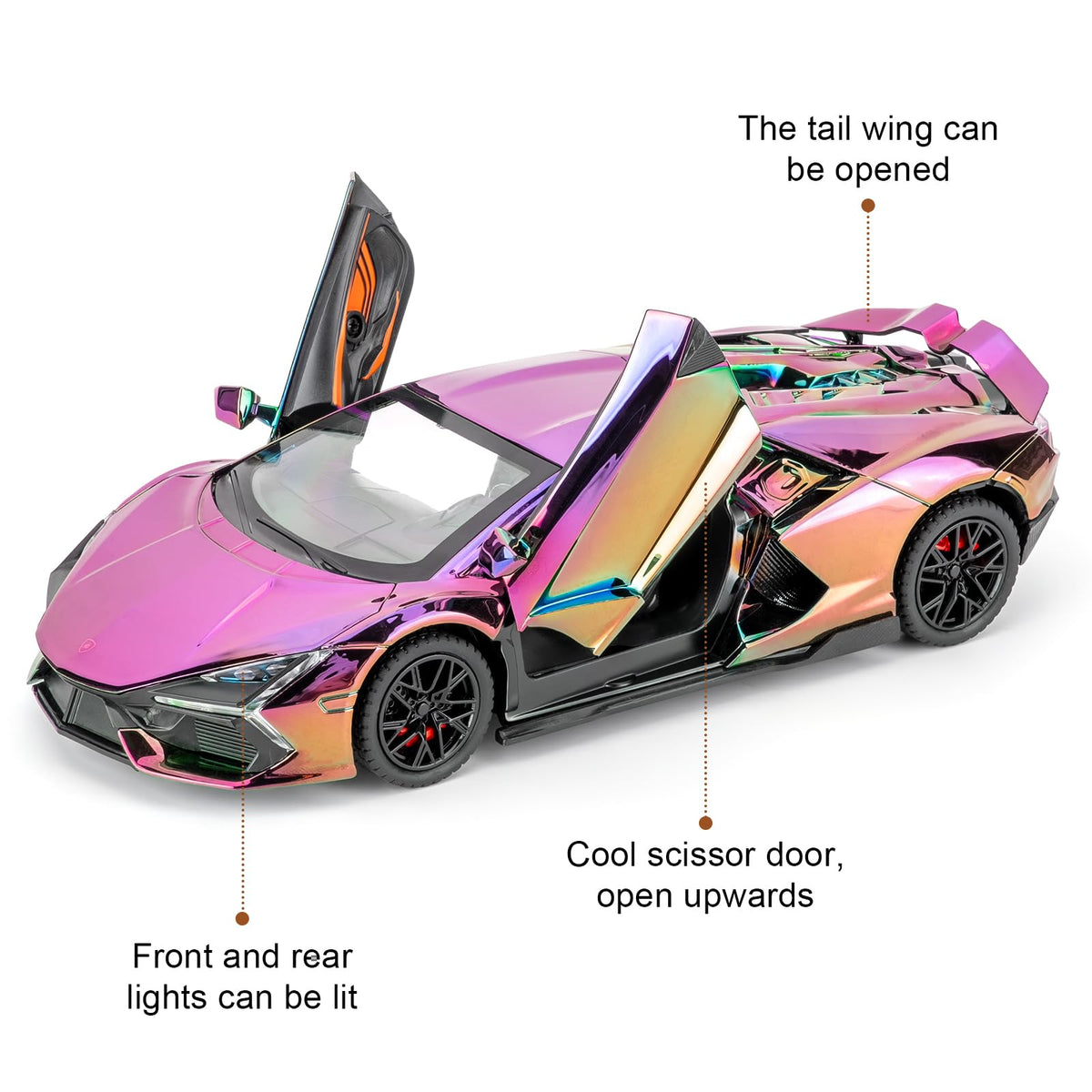 LOVEPOSELY Lambo Revuelto pull-back action promotes easy desk play.