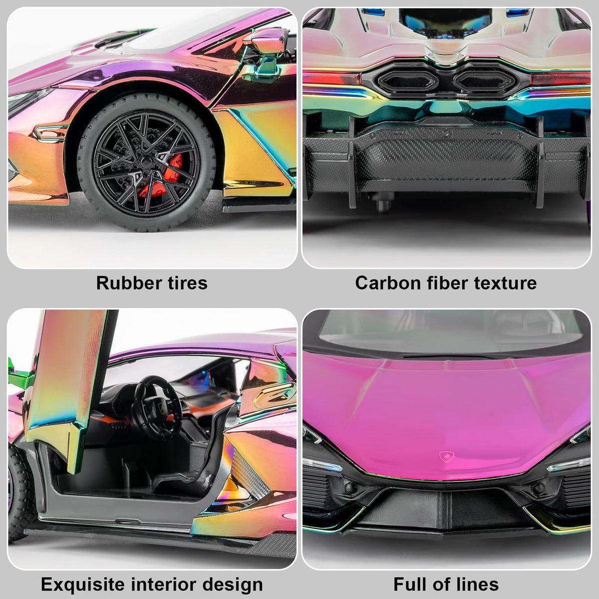 LOVEPOSELY Lambo Revuelto rubber tires provide grip on surfaces.
