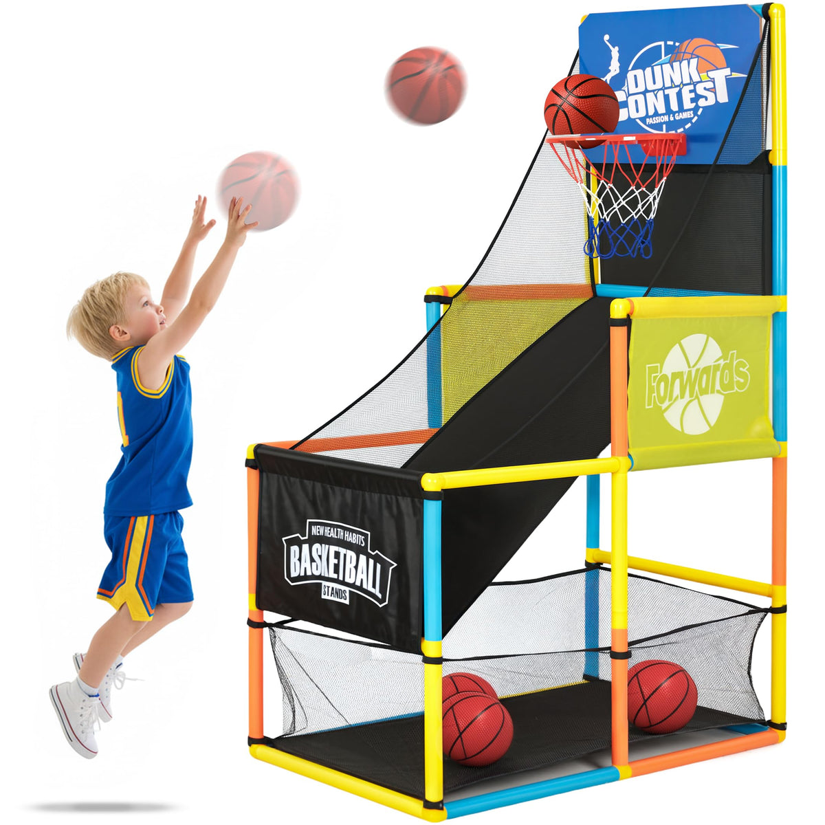LovesTown Arcade basketball hoop setup showing sturdy frame for safe, stable indoor play.