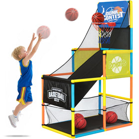 LovesTown Arcade basketball hoop setup showing sturdy frame for safe, stable indoor play.
