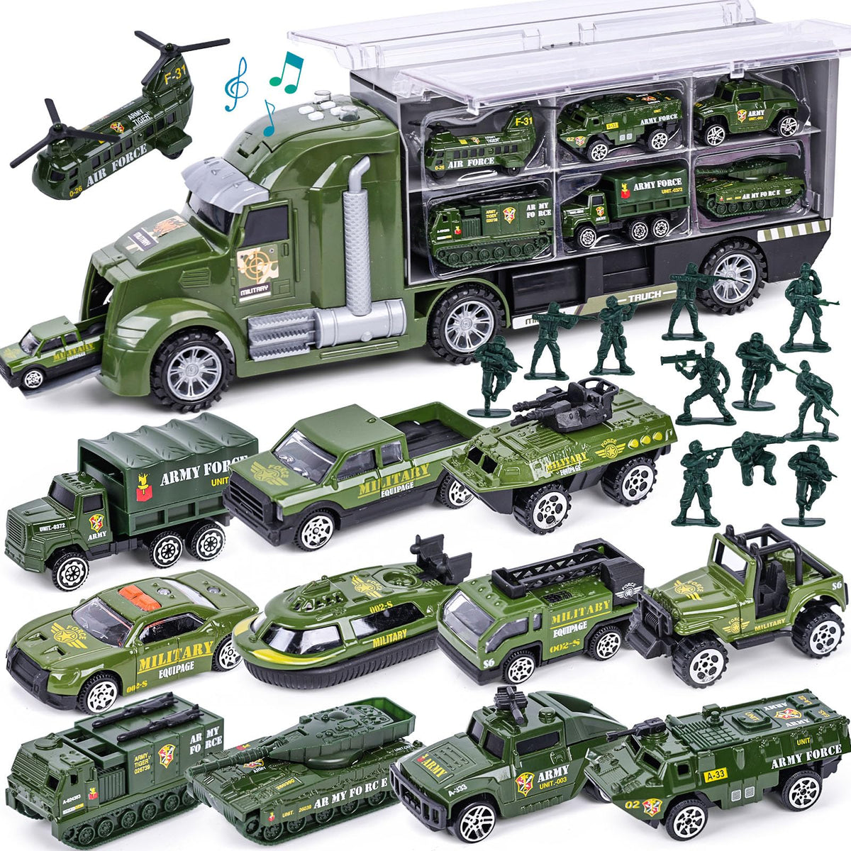 LovesTown 25-in-1 green military truck with flashing lights for action play