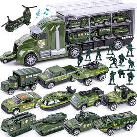 LovesTown 25-in-1 green military truck with flashing lights for action play