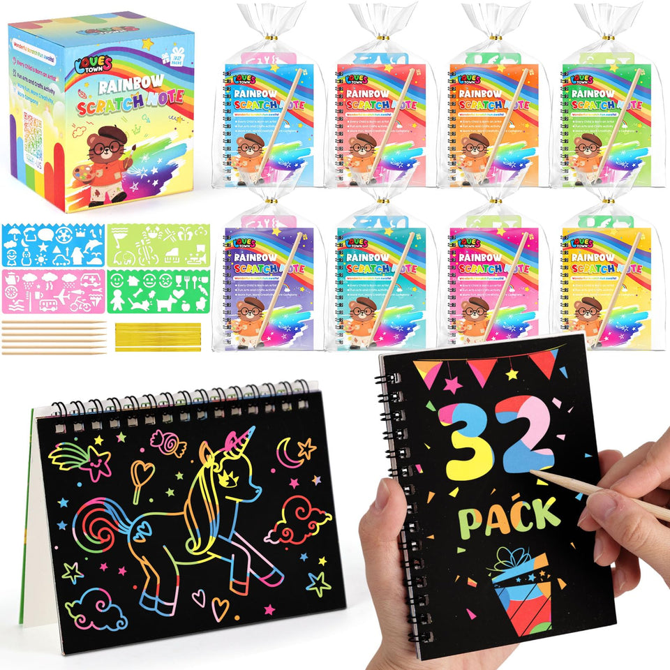 Lovestown rainbow scratch art notebook set showing eight-color reveal for creative play