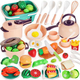 LovesTown 59pcs play kitchen accessories with basket for organized pretend play.
