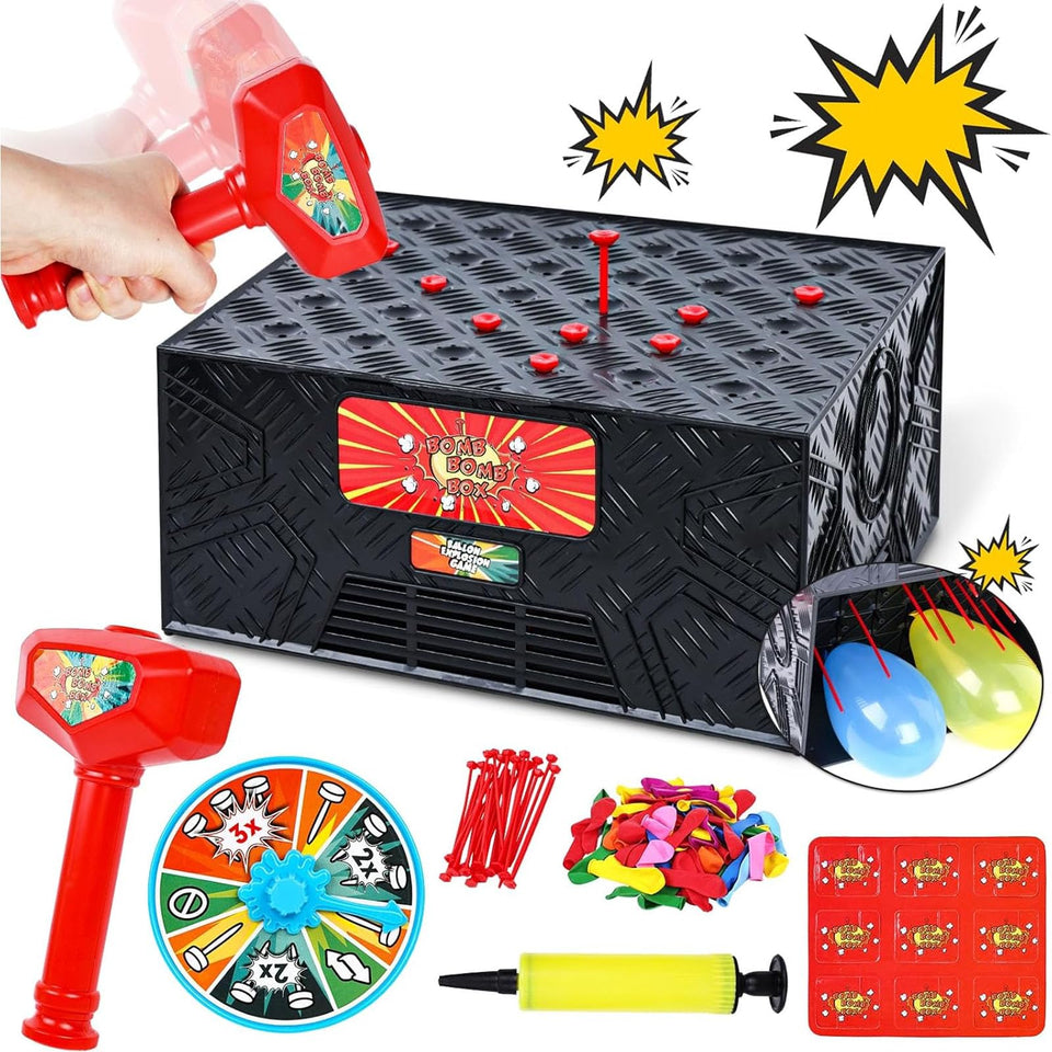 LovesTown Balloon Pop Game blast box top view with spinner and hammer for quick family fun