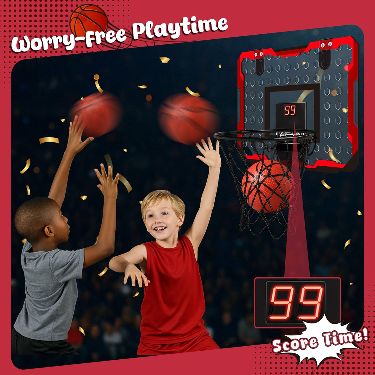 LovesTown electronic scoreboard enhances play with real-time scoring and cheering sounds.