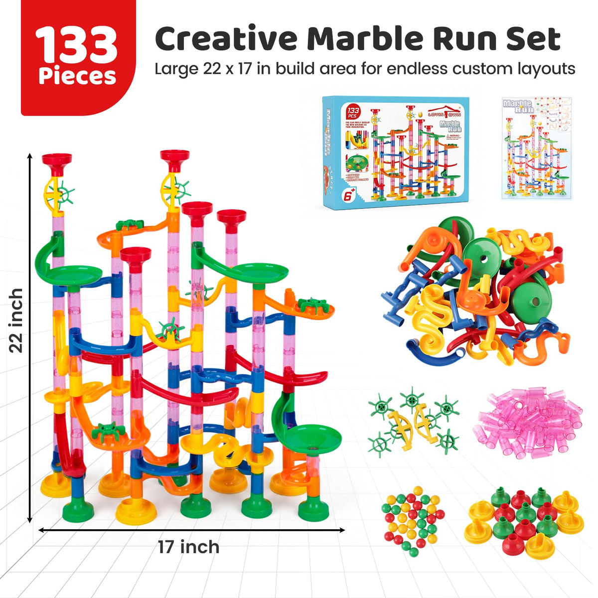 LovesTown Marble Run track action keeps kids engaged with dynamic racing.