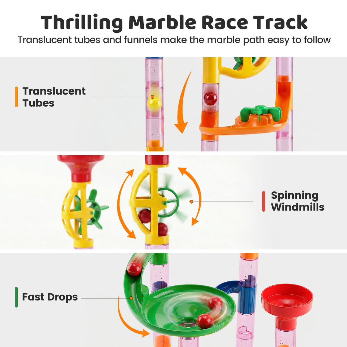LovesTown Marble Run translucent tubes and funnels improve marble tracking.
