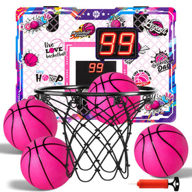 LovesTown pink indoor hoop over door with LED scoreboard for kids' play