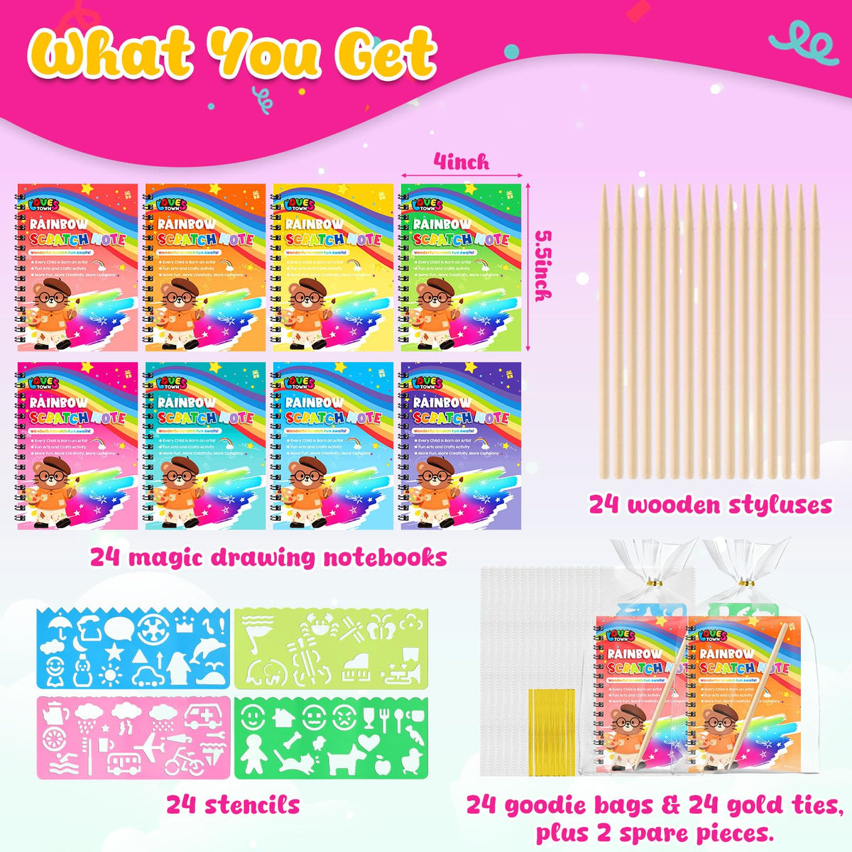 LovesTown scratch-art stencils guide rainbow designs for budding creators