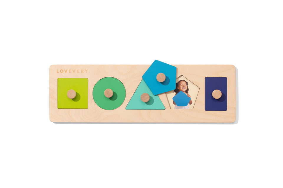 Lovevery Friends of All Shapes Puzzle: assembled set boosts shape recognition and fine motor skills.
