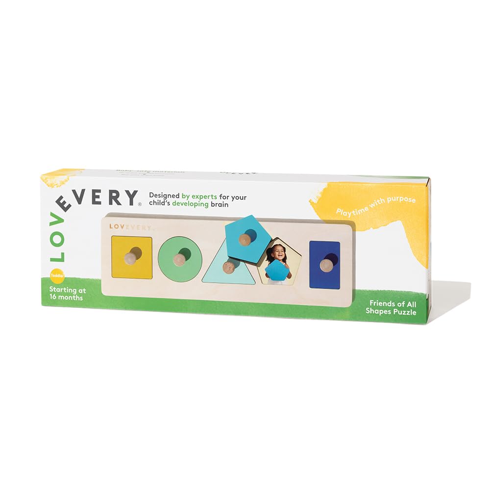 Lovevery Friends of All Shapes Puzzle: in-use at home showing a toddler solving shapes.