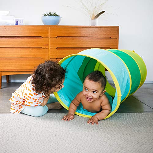 Lovevery Organic Cotton Play Tunnel collapsible for quick setup and storage.