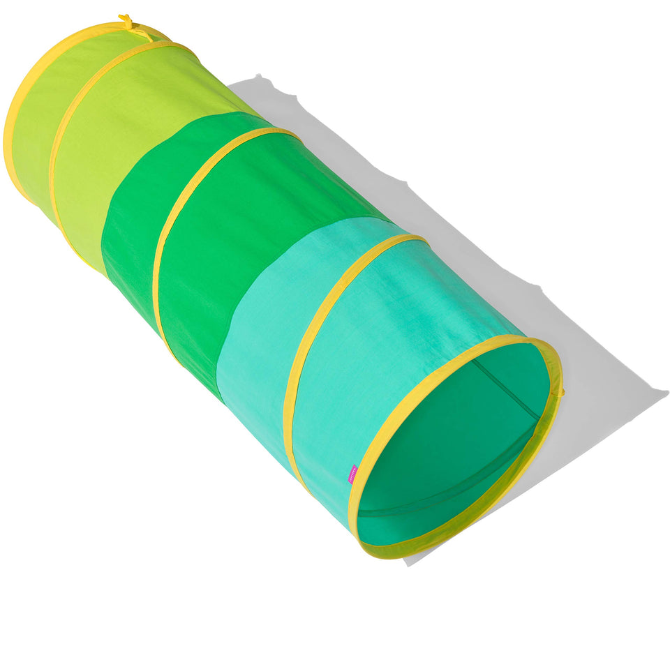 Lovevery Organic Cotton Play Tunnel opened for spacious crawl space and imaginative play.