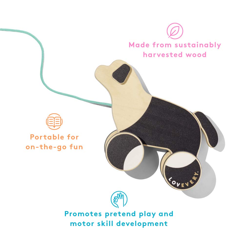 Lovevery The Pull Pup close-up wood finish highlights FSC-certified materials