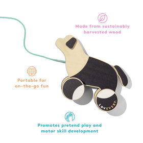 Lovevery The Pull Pup close-up wood finish highlights FSC-certified materials