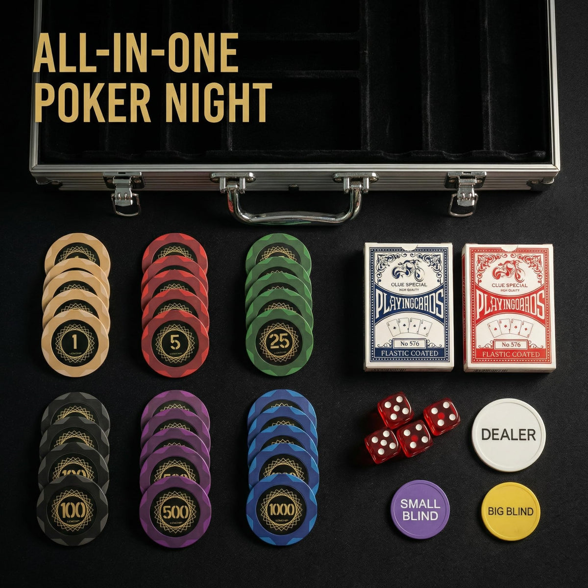 LOYCHIP poker chip set with aluminum case open showing chips and accessories