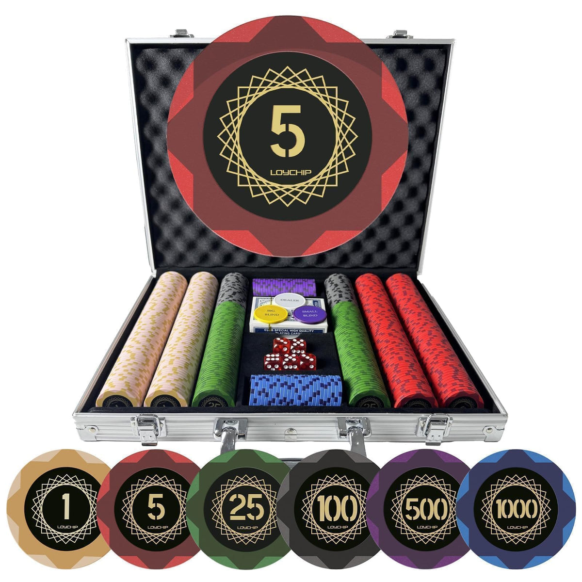 LOYCHIP poker chip set closeup shows premium 14g weight for authentic feel.