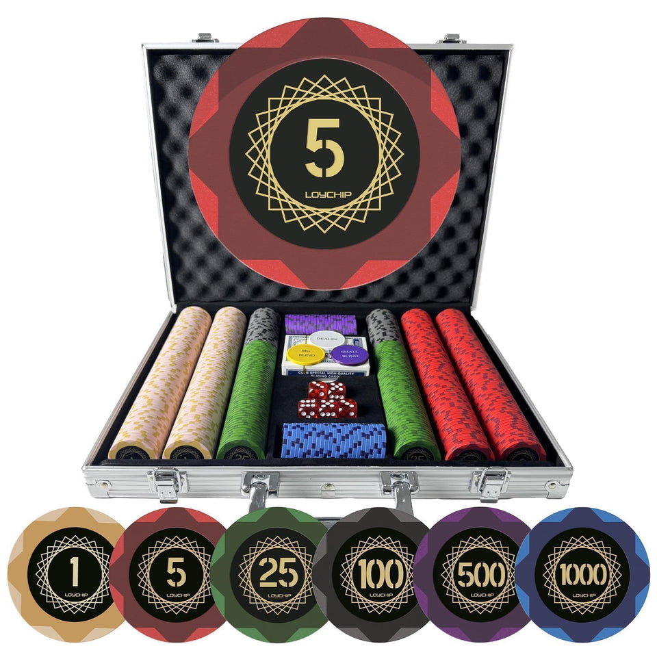 LOYCHIP poker chip set closeup shows premium 14g weight for authentic feel.
