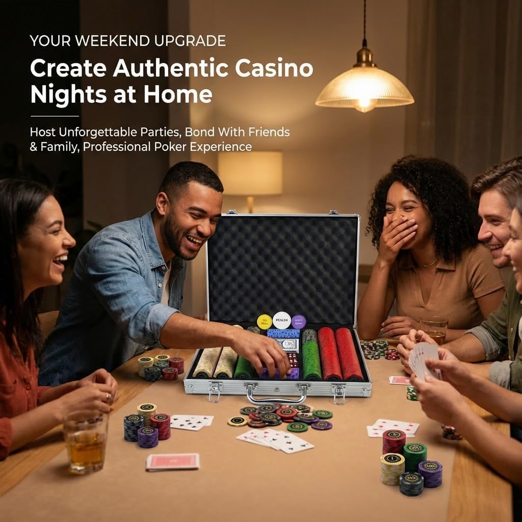Tabletop setup with LOYCHIP chips and case for social play.