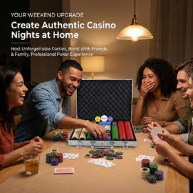 Tabletop setup with LOYCHIP chips and case for social play.