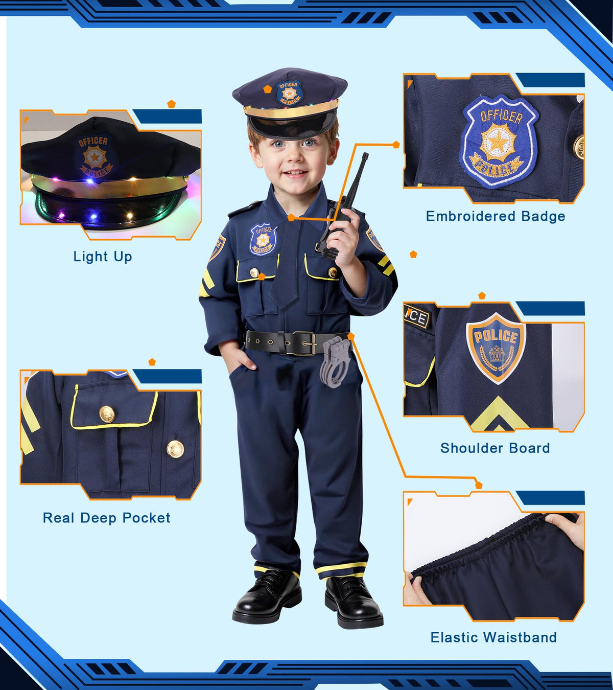 LOYO police-costume-on-child — easy-to-wear outfit for long pretend play sessions.