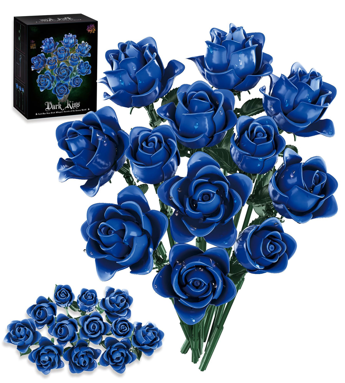 Loyratche blue rose bouquet building set with navy petals for bold decor.