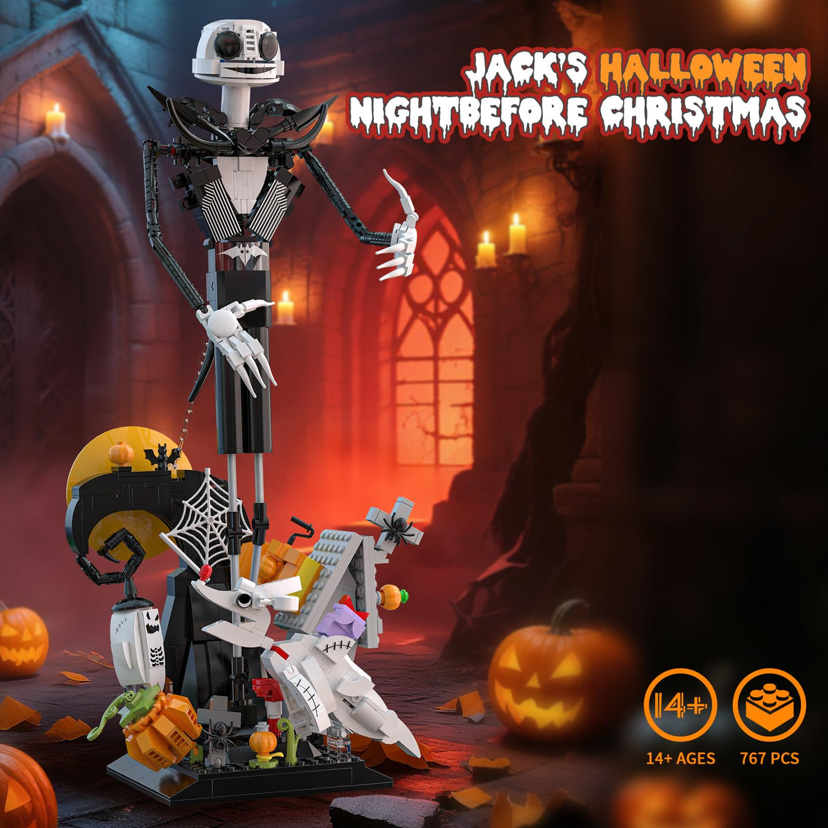 Loyratche Horror Skull building set includes bats and skeleton ghosts for atmospheric display.