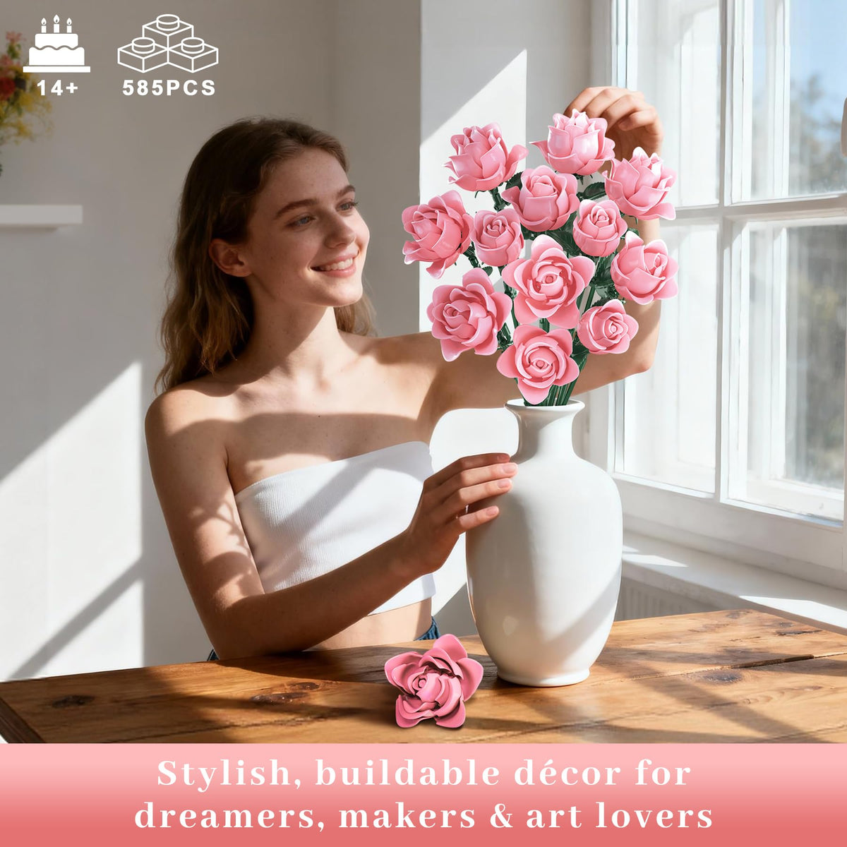 Loyratche lego-compatible roses integrate with brick-based designs