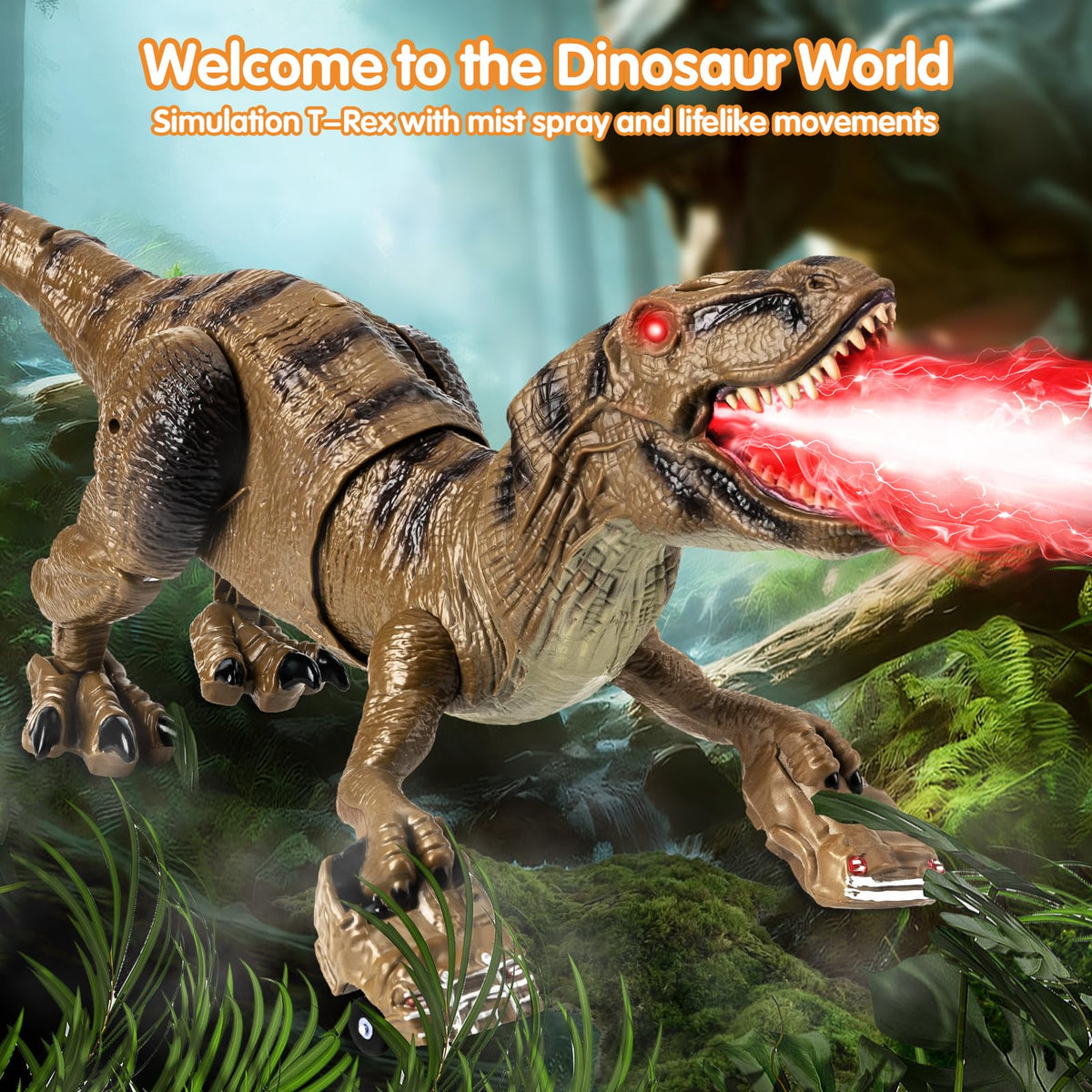 Lozadia dinosaur toy roars, sprays mist, and lights up for action.