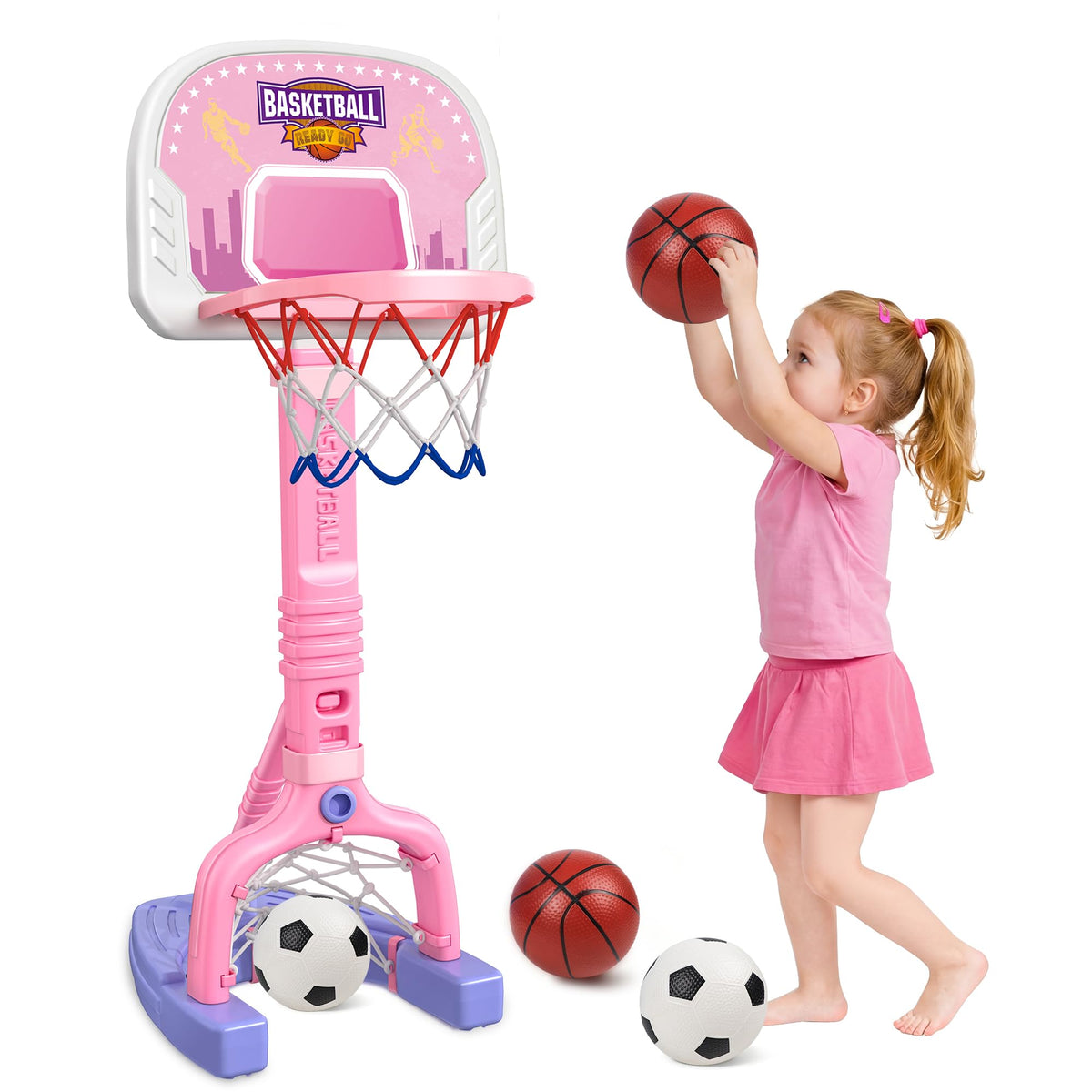 LPFG toddler basketball hoop in pink shown indoors for safe, active play.