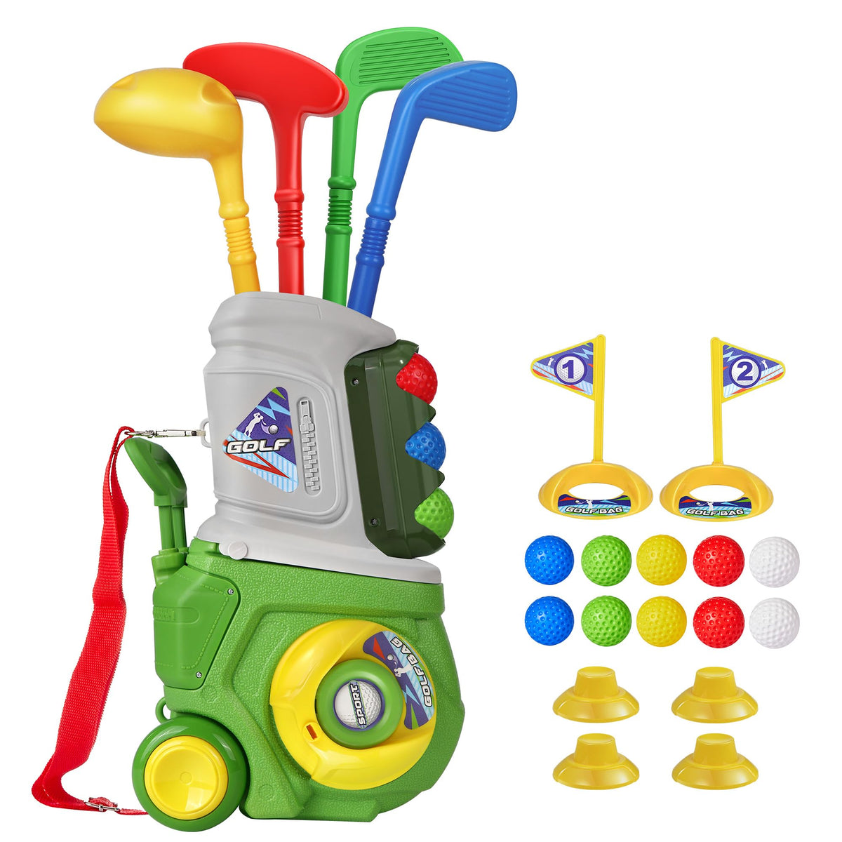 LPFG toddler golf set cart enables easy transport and organized play.