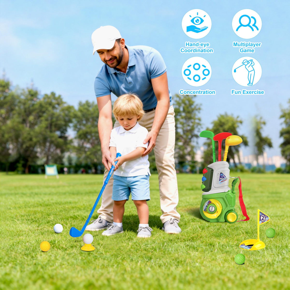 LPFG toddler playing with the golf set in action.